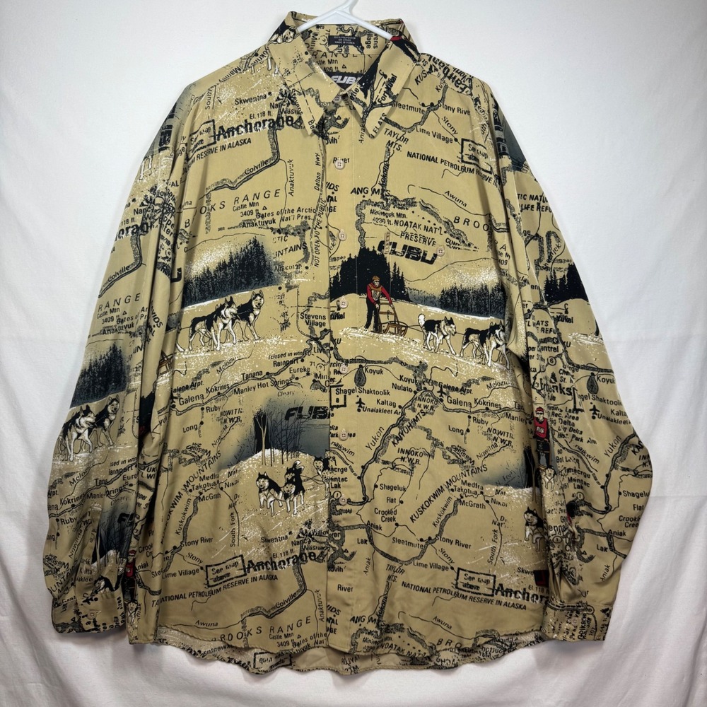 FUBU The Collection Mens XL Alaska Map Dog Sled Long Sleeve Shirt Y2K - Picture 2 of 9